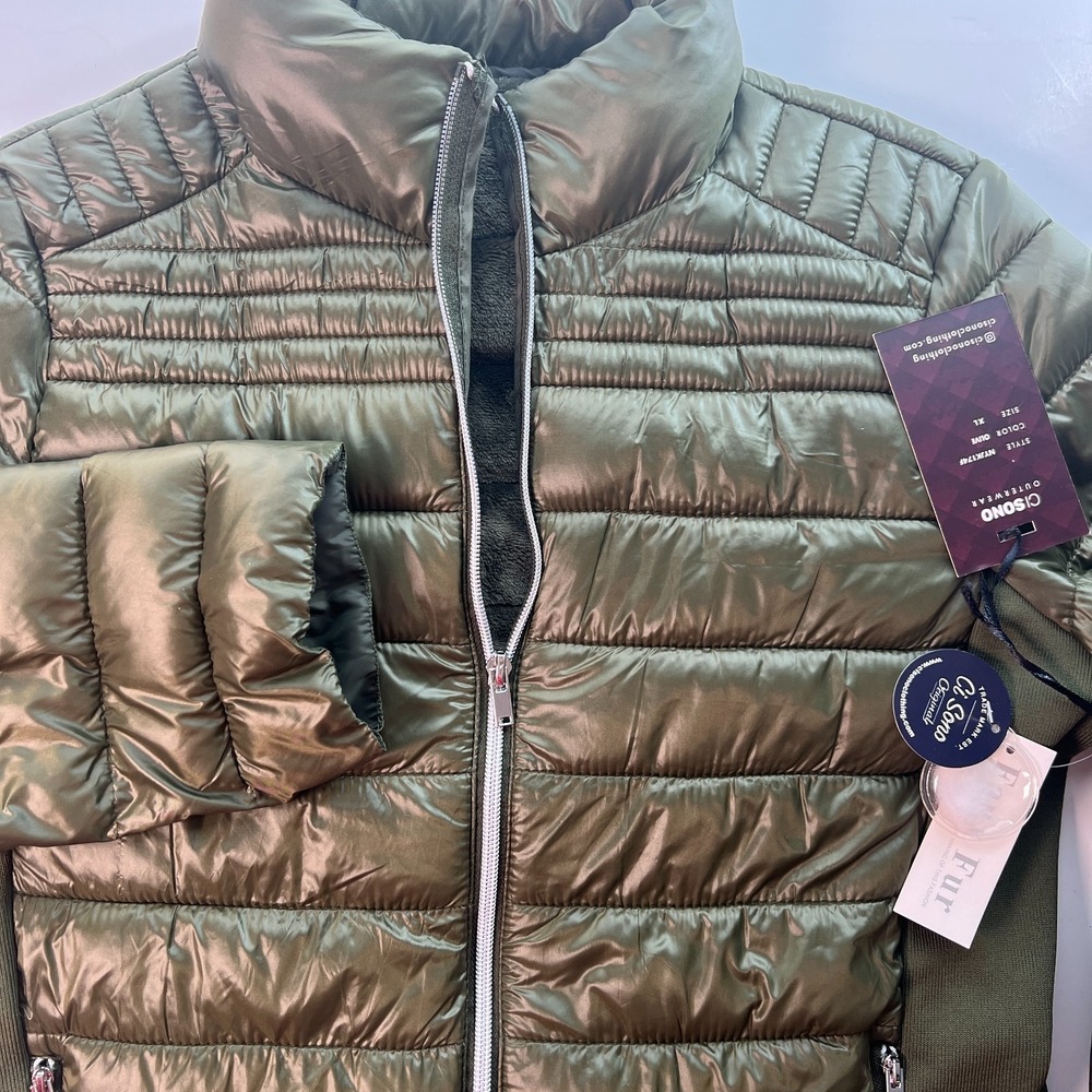Ci Sono Women Puffer Jacket Sz XL Green Outerwear with Faux Fur & Side Knit NWT - Picture 1 of 16